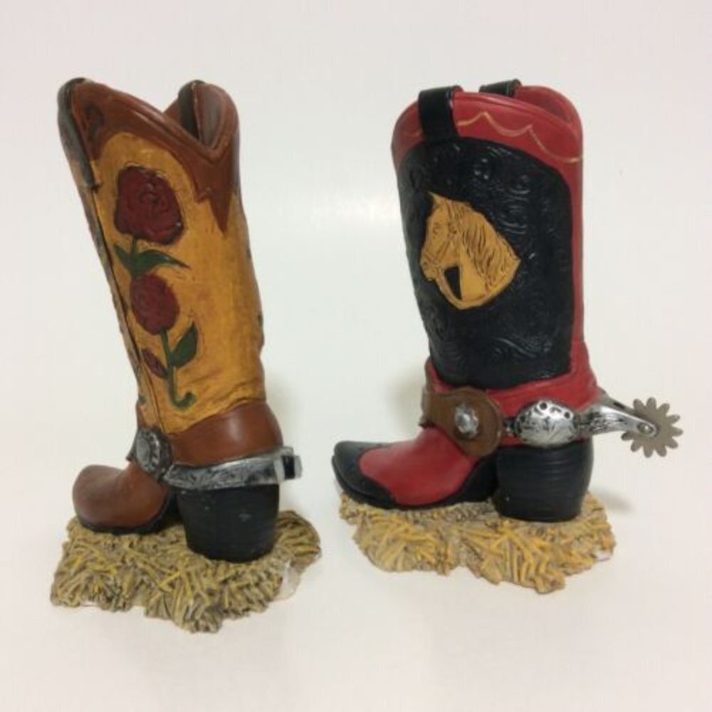 Western Cowboy Spur Boot Box Ceramic Figurines Knick Knacks Decor Set Of 2 - Picture 2 of 12